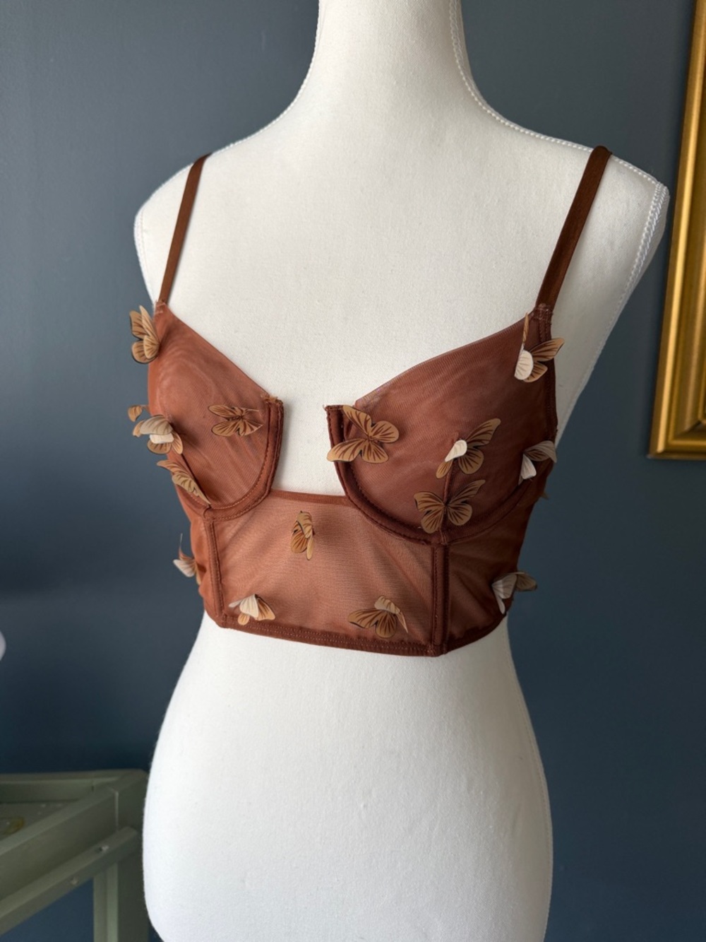 Women’s Brown Mesh Longline Bra with 3D Butterfly Appliqués